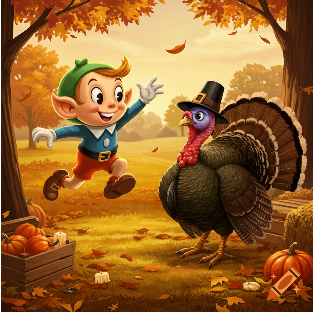 A cheerful cartoon elf-like mascot runs towards a turkey wearing a pilgrim hat in an autumn forest scene with pumpkins and falling leaves.