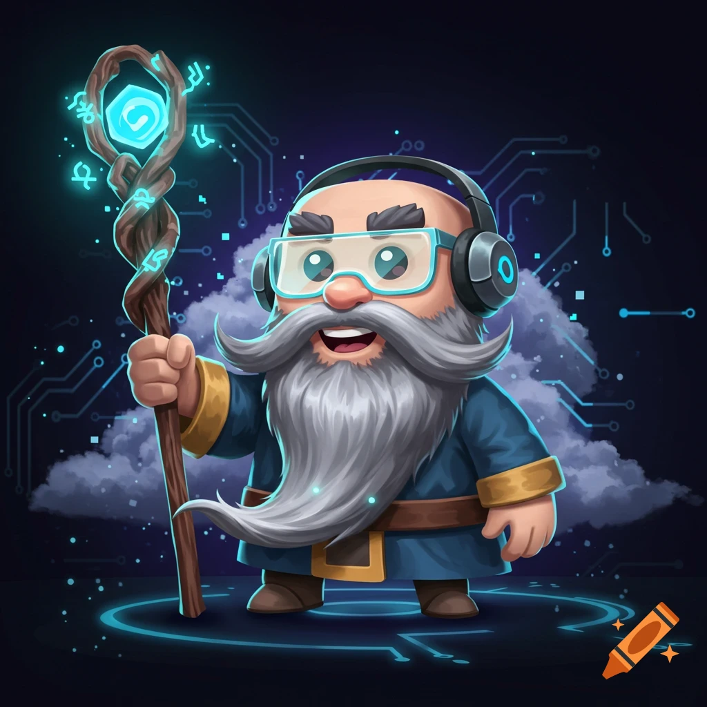 A happy cartoon wizard with a white beard, wearing headphones and VR goggles, holding a glowing staff, against a dark tech background.