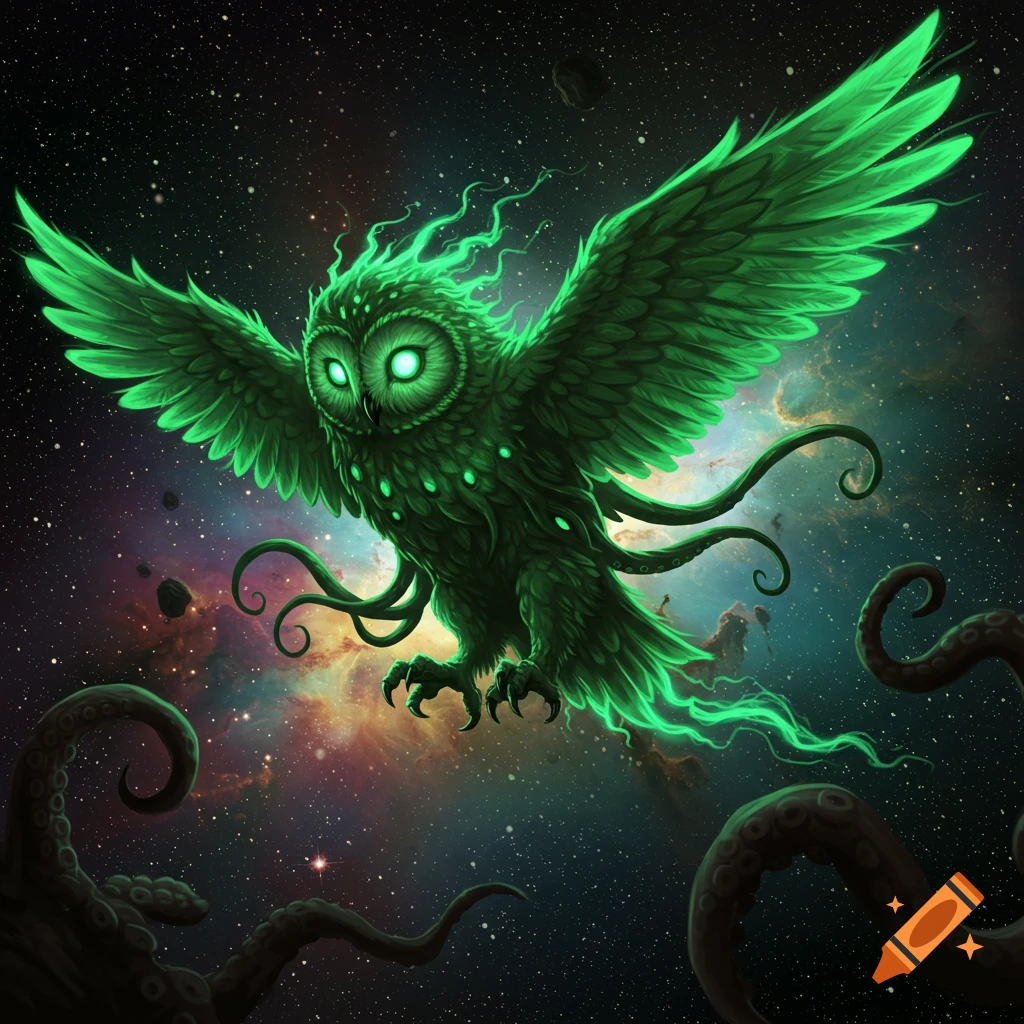 A vibrant green eldritch owl with glowing eyes and tentacles flies through a colorful cosmic galaxy.