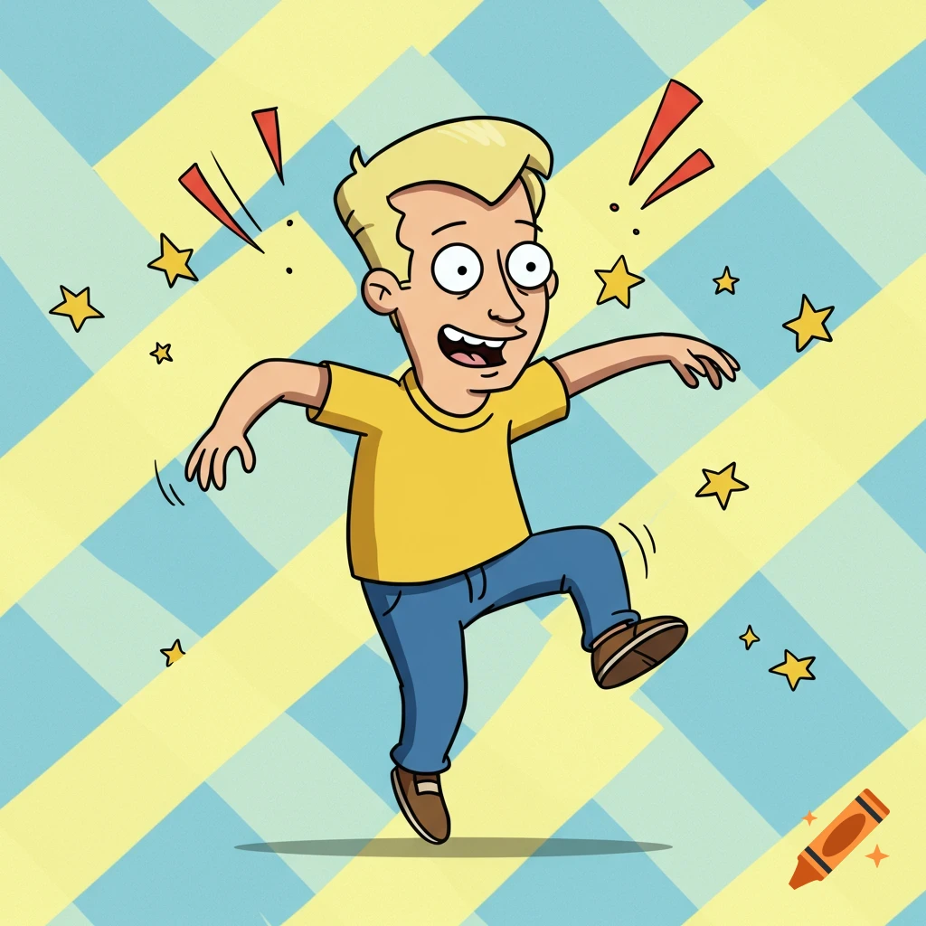 A cartoon man with blonde hair and a yellow shirt, in the style of King of the Hill, dances against a blue and yellow striped background with stars.