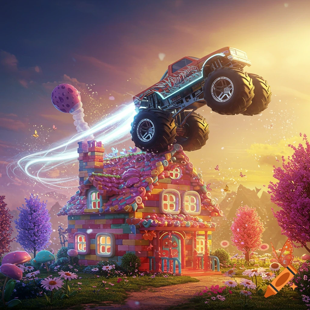 A Hot Wheels monster truck jumps over a whimsical, colorful dream house made of candy blocks in a vibrant landscape.