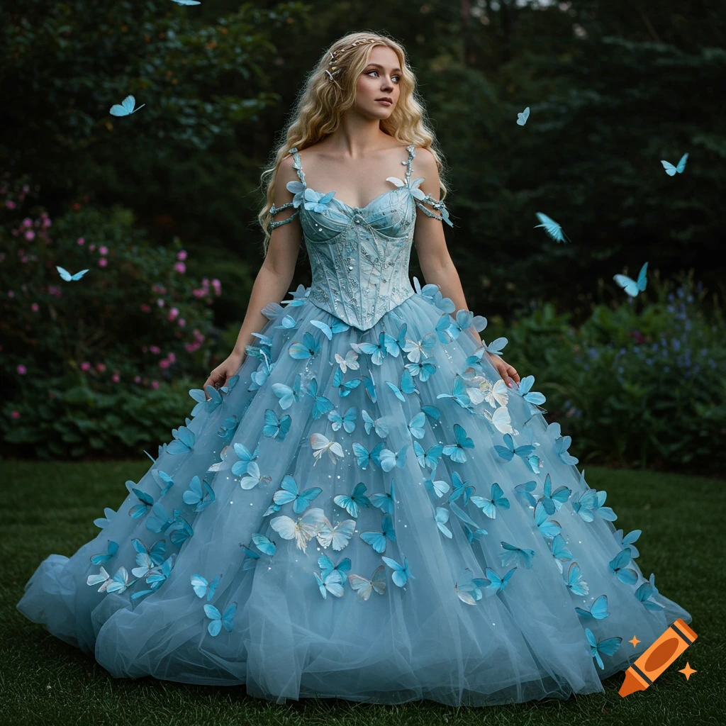 A blonde woman in a light blue ball gown adorned with many blue butterflies stands in a garden. Photorealistic.