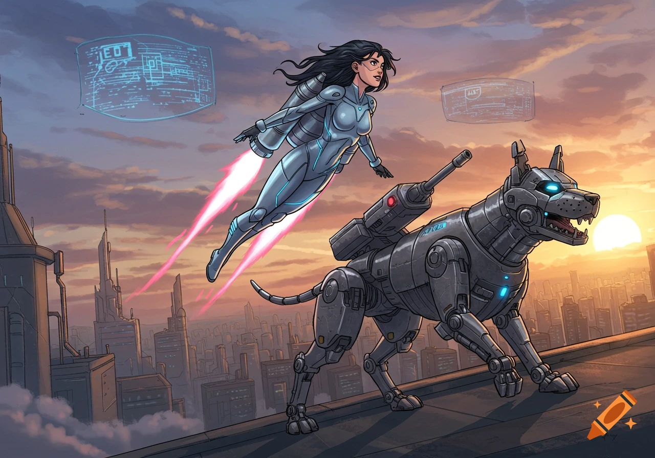 A jetpack-wearing girl flies next to a robotic tank-dog on a rooftop overlooking a futuristic city at sunset, in a comic book style.