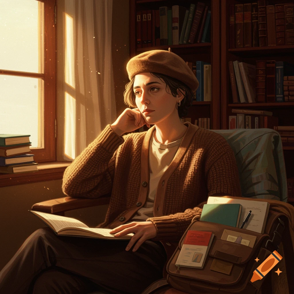 A young woman wearing a brown beret and cardigan sits in a chair, holding an open book and looking thoughtfully towards a sunlit window, surrounded by bookshelves.