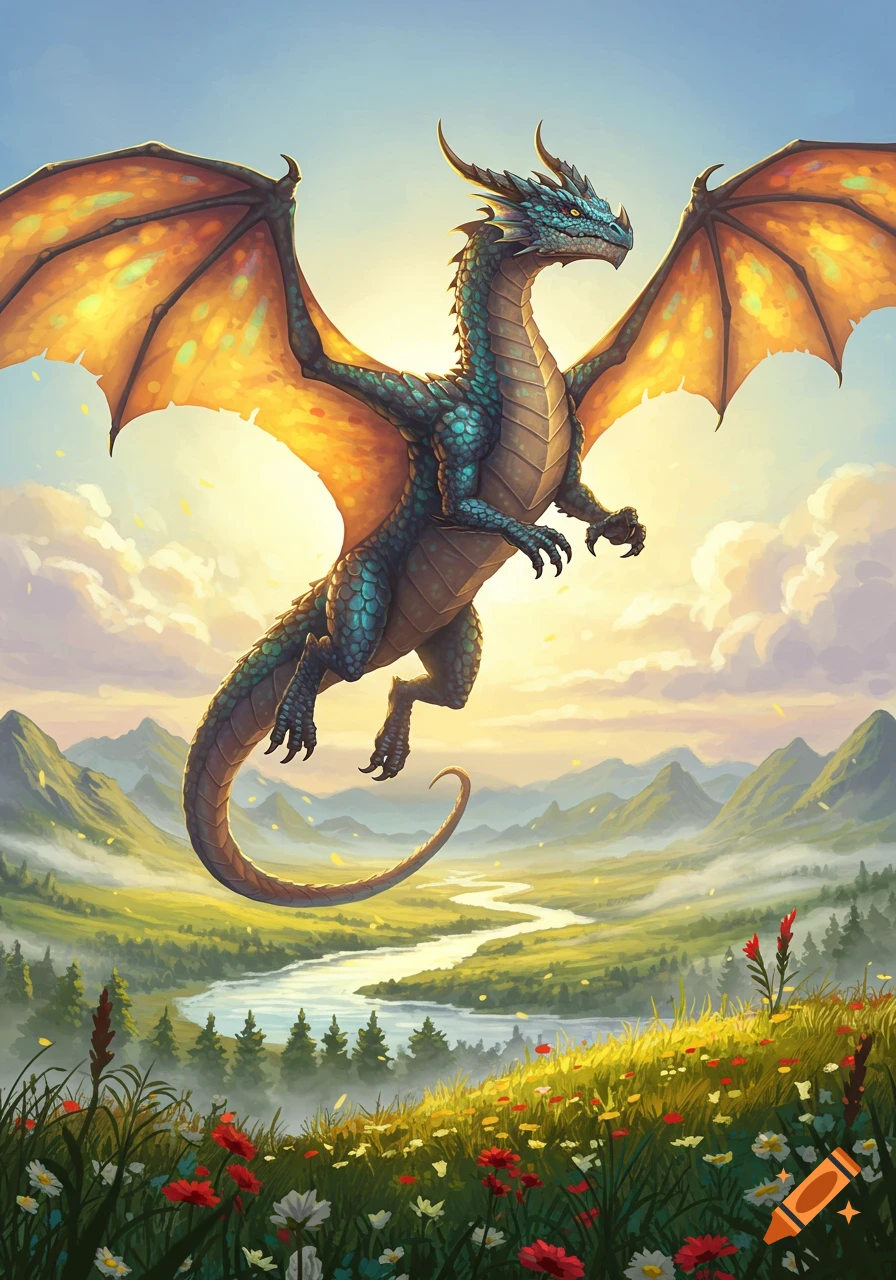 A vibrant blue and green dragon with orange wings flies over a lush green valley with a winding river and wildflowers under a bright sky.
