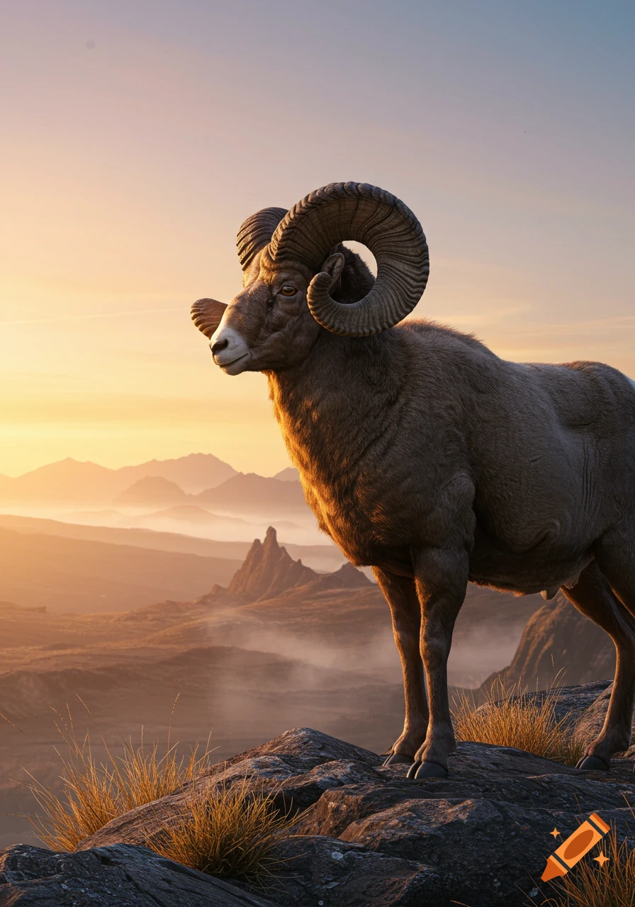 A photorealistic bighorn ram stands on a rocky mountain peak at sunrise, overlooking a hazy mountain range.