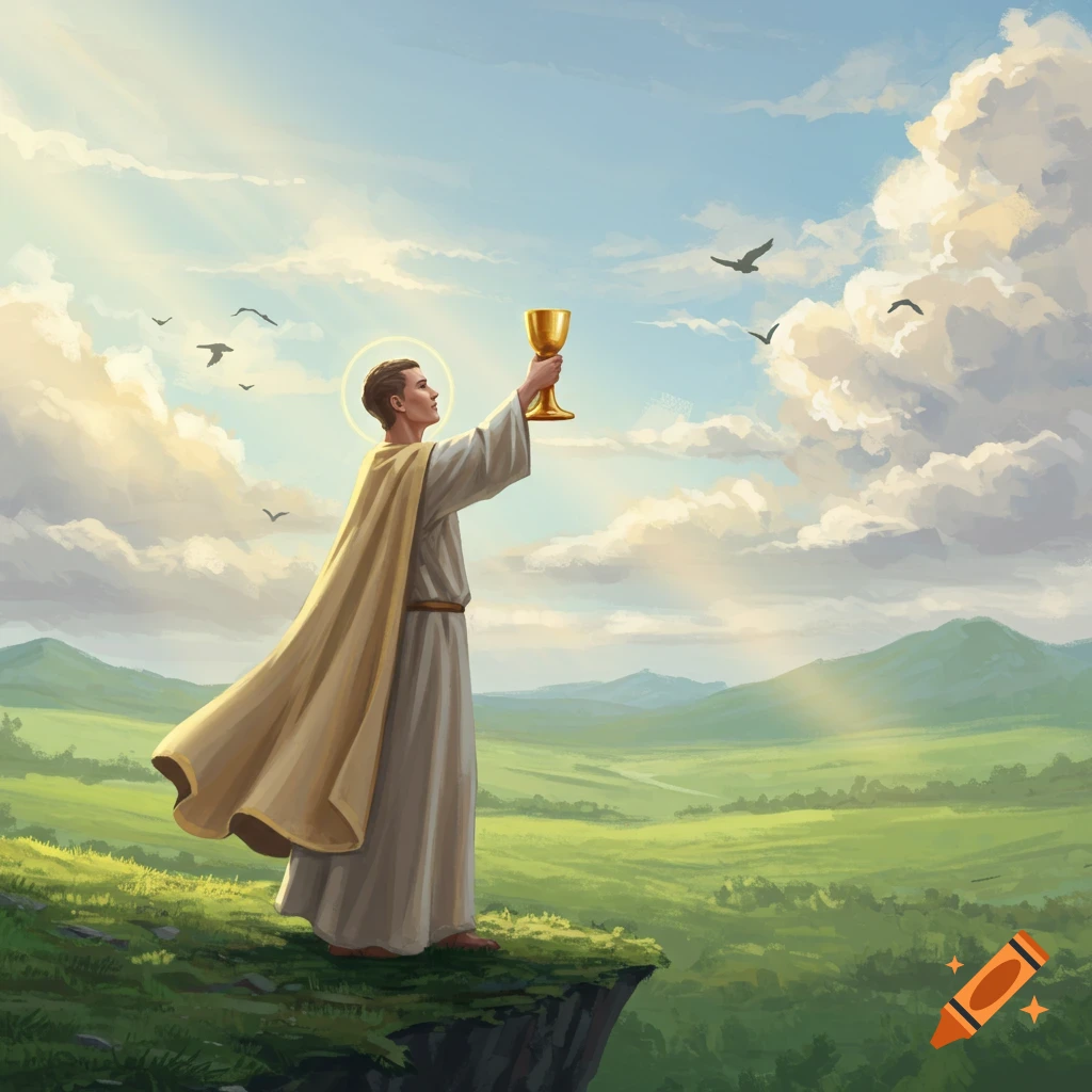 A robed figure resembling a saint stands on a cliff, holding a golden chalice aloft under a bright, cloudy sky with sun rays and birds.