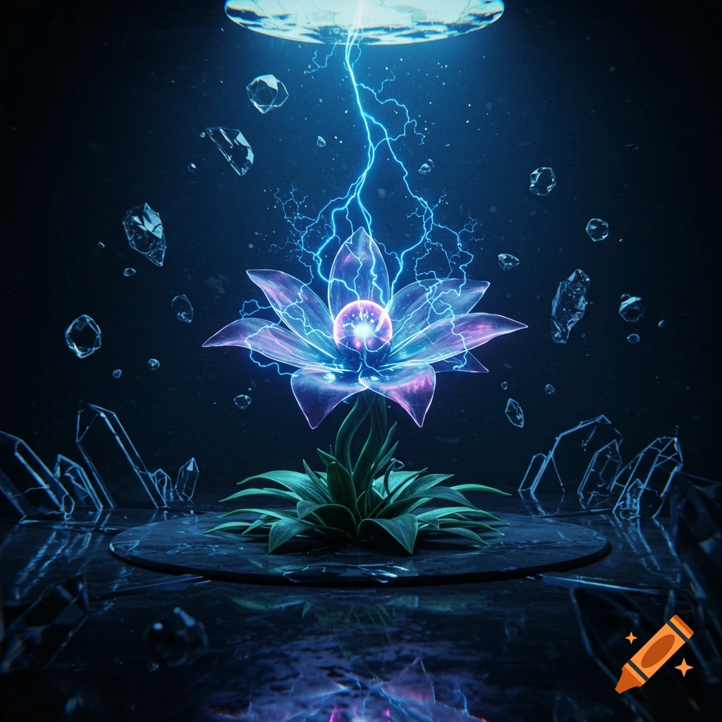 A luminous, futuristic plant emits blue lightning, surrounded by floating and reflective crystals in a dark, magical setting.