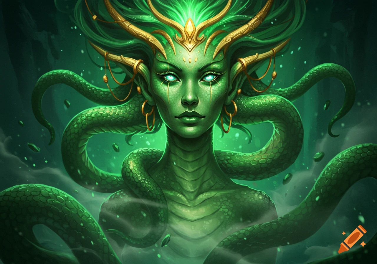 A green-skinned snake goddess with glowing eyes and golden headpiece emerges from a dark, mystical green background with swirling mist and glowing particles. Digital painting style.