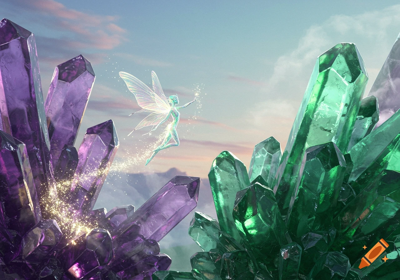 A glowing fairy flies between towering purple and green crystals, casting sparkling magic in a fantasy landscape.