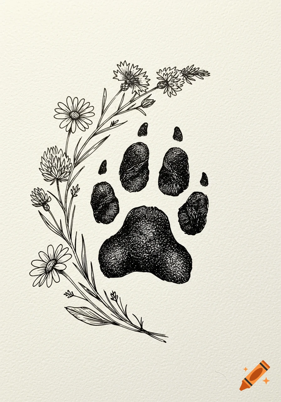 Black ink drawing of a dog paw print surrounded by wildflowers on a light background.