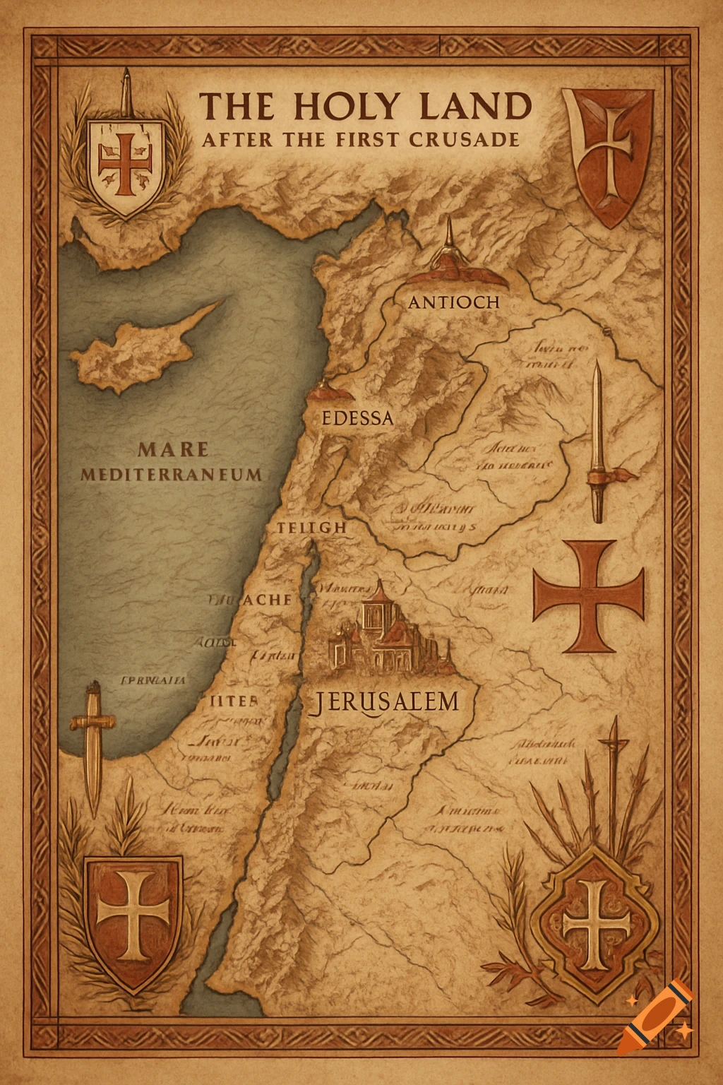 An old, detailed map titled 'The Holy Land After The First Crusade,' showing the Eastern Mediterranean coast with cities like Antioch, Edessa, and Jerusalem, adorned with crusader crosses and swords.