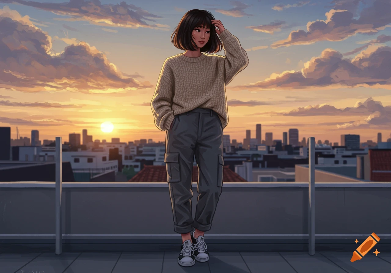 An illustrated woman with a bob haircut stands on a rooftop overlooking a city at sunset, wearing a sweater and cargo pants.