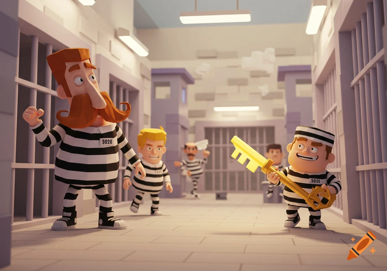 Low-poly cartoon prison inmates in black and white striped uniforms in a jail hallway. One inmate holds a large golden key.