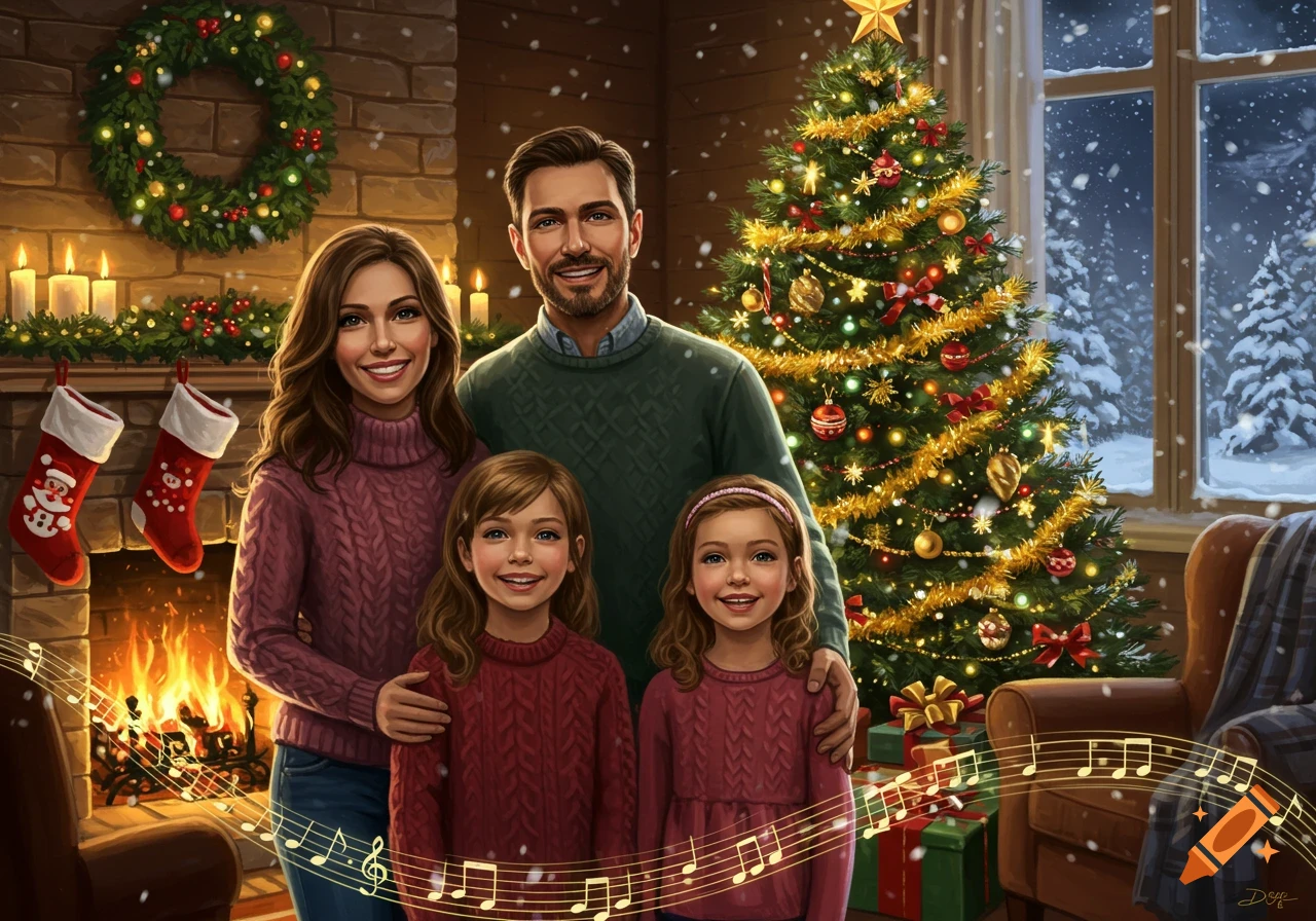 A family poses for a Christmas portrait by a fireplace and decorated tree, with snow falling outside. Musical notes float in the foreground.