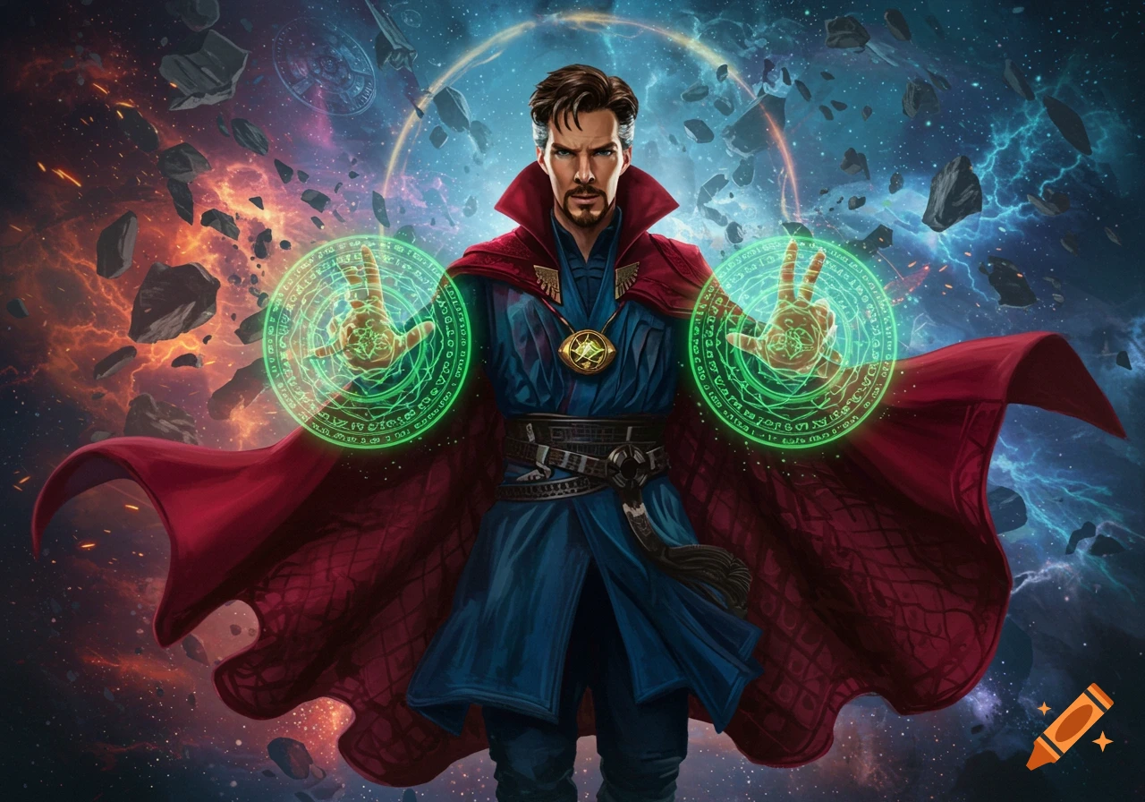 Dr. Stephen Strange in his blue and red robes, casting green magic in a cosmic background.