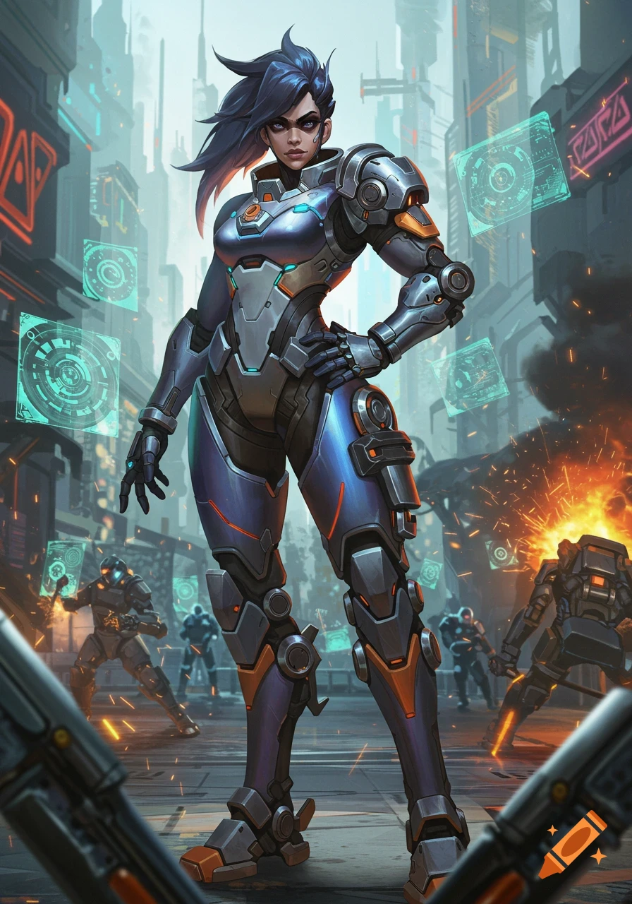 A female warrior in blue and grey futuristic armor stands heroically in a cyberpunk city with explosions and other robots in the background.