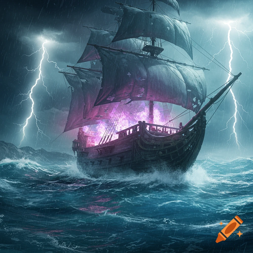 An old wooden ghost ship with purple glowing flames sails through a dark, stormy sea with lightning in a dramatic, photorealistic style.