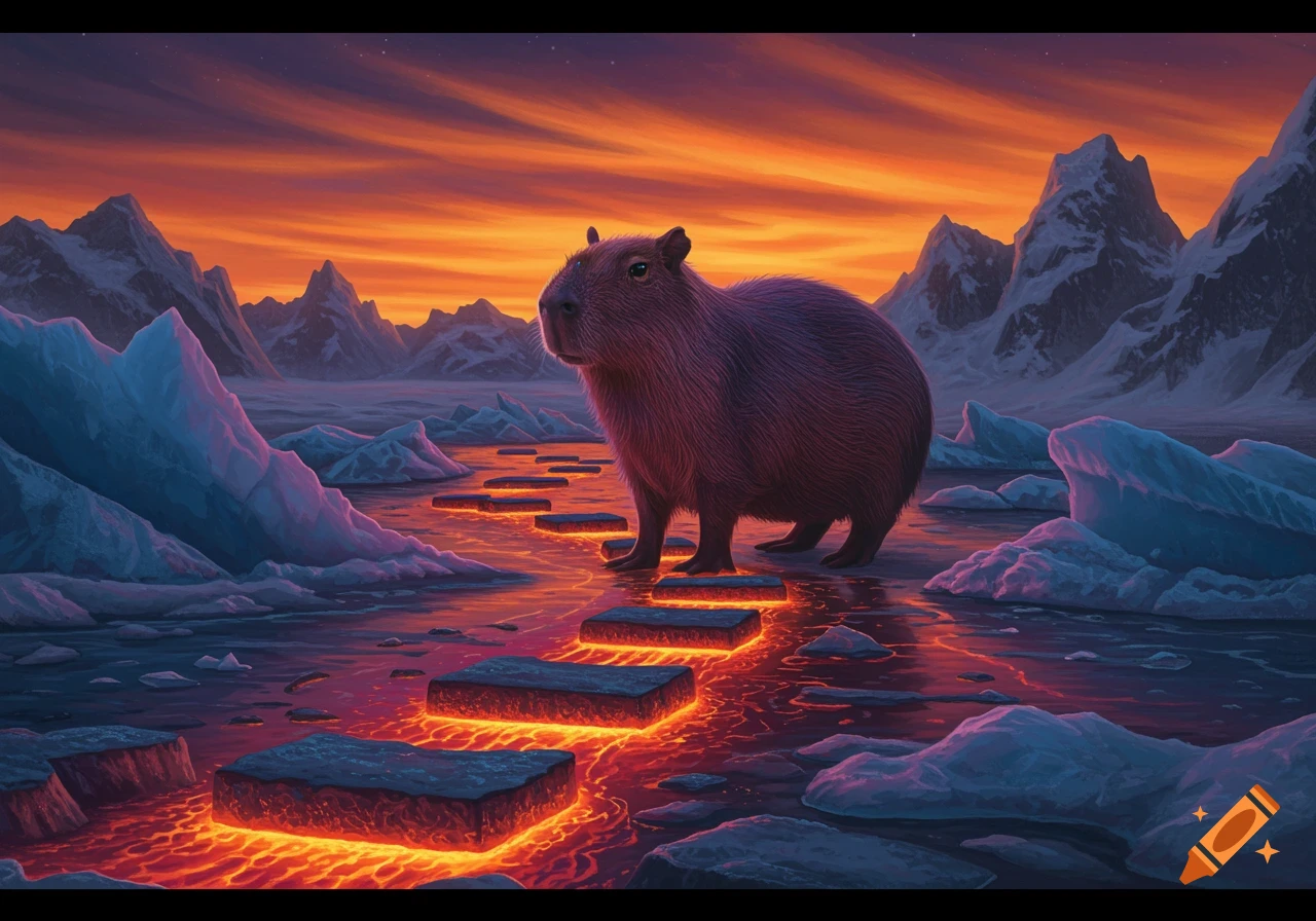 A giant capybara stands on glowing lava stepping stones amidst melting ice and mountains under a vibrant sunset sky.