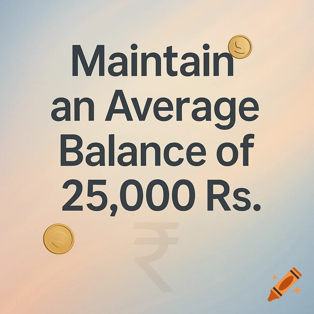 A graphic with bold text 'Maintain an Average Balance of 25,000 Rs.' with two golden coins and a faint rupee symbol in the background.