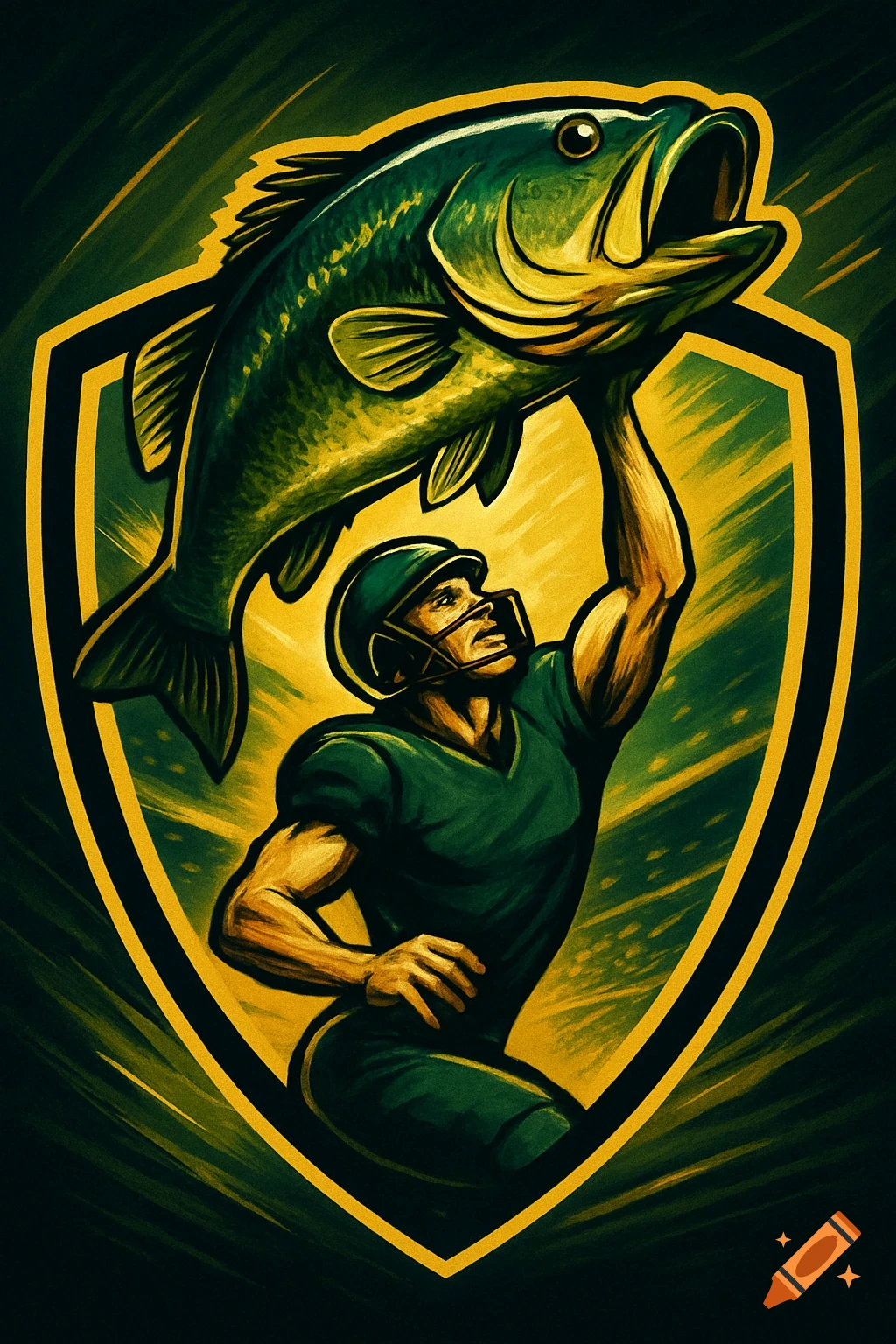 Digital art of a man in a football helmet holding a large bass above his head, all within a shield logo, in green and gold.