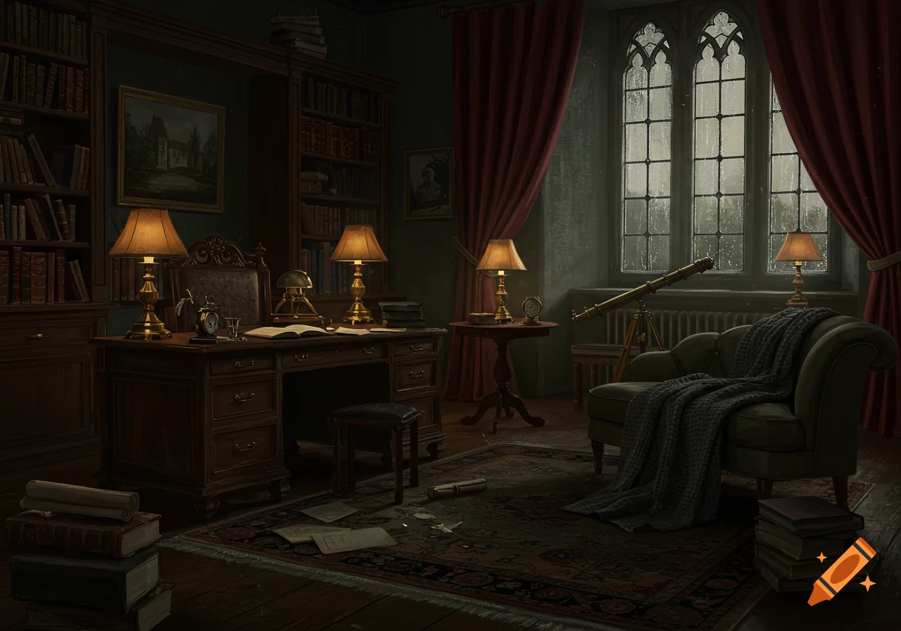 A dim, ornate dark academia library with a large wooden desk, bookshelves, glowing lamps, a telescope, and a gothic window with rain.