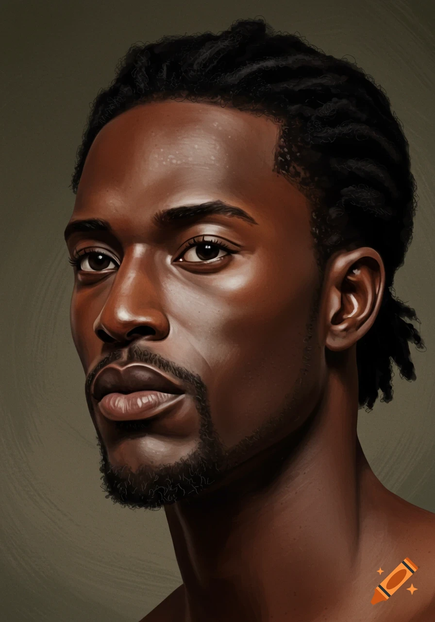 A detailed digital painting of a Black man with dreadlocks, a goatee, and light chocolate brown skin, looking slightly to the left.