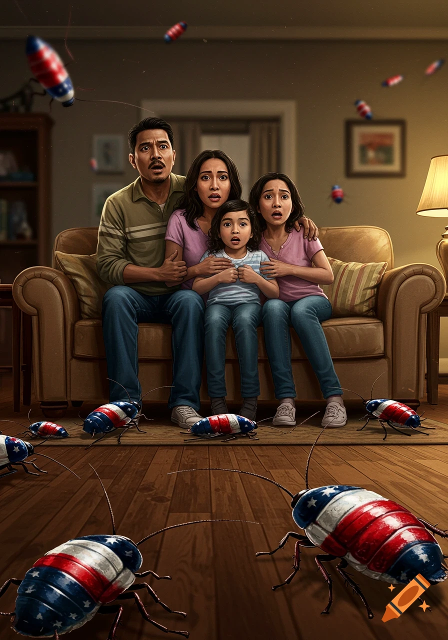 A family huddles together on a couch, looking scared as large cockroaches with American flag patterns crawl on the floor and fly around the room.