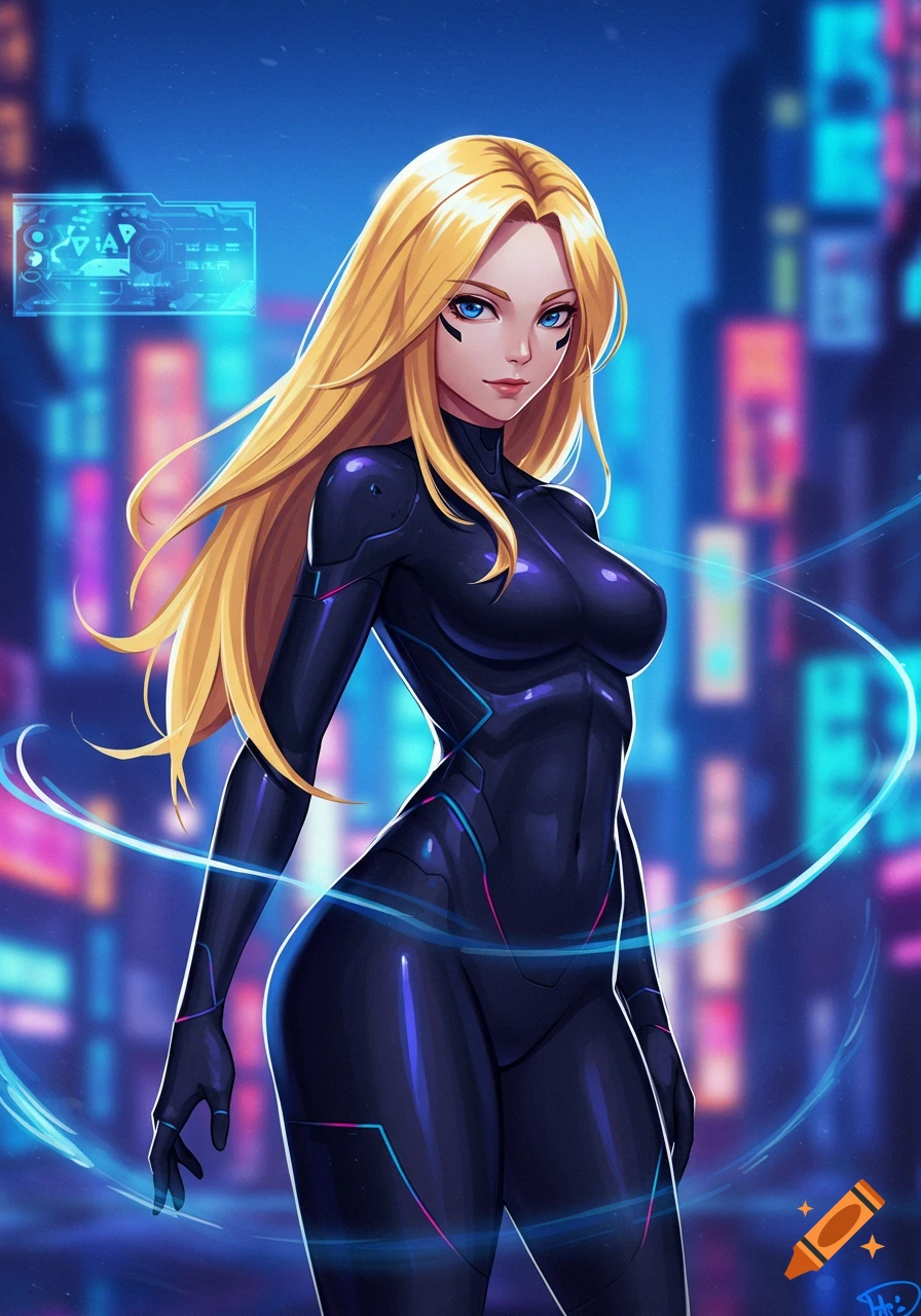 An anime woman with long blonde hair and blue eyes in a dark futuristic suit stands against a neon city background.