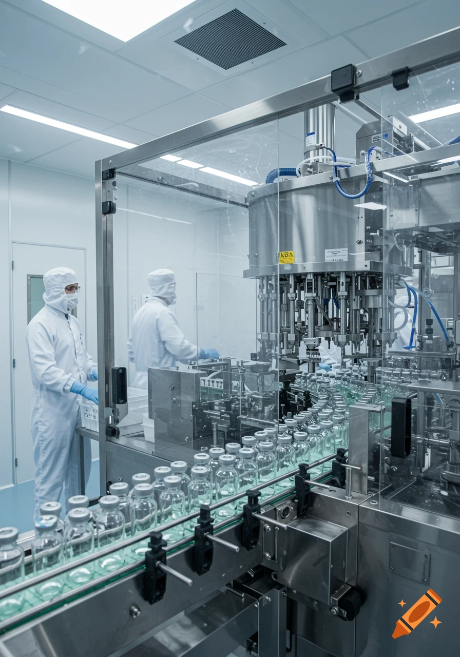 Photorealistic image of workers in a cleanroom operating a vial filling machine in a pharmaceutical plant.