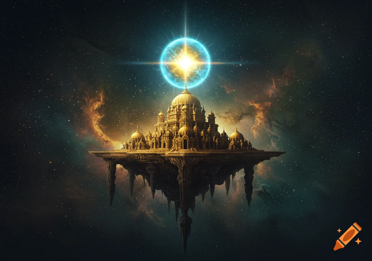 An ornate golden temple-like structure floats in deep space beneath a glowing blue and yellow energy orb, surrounded by stars and nebulae.