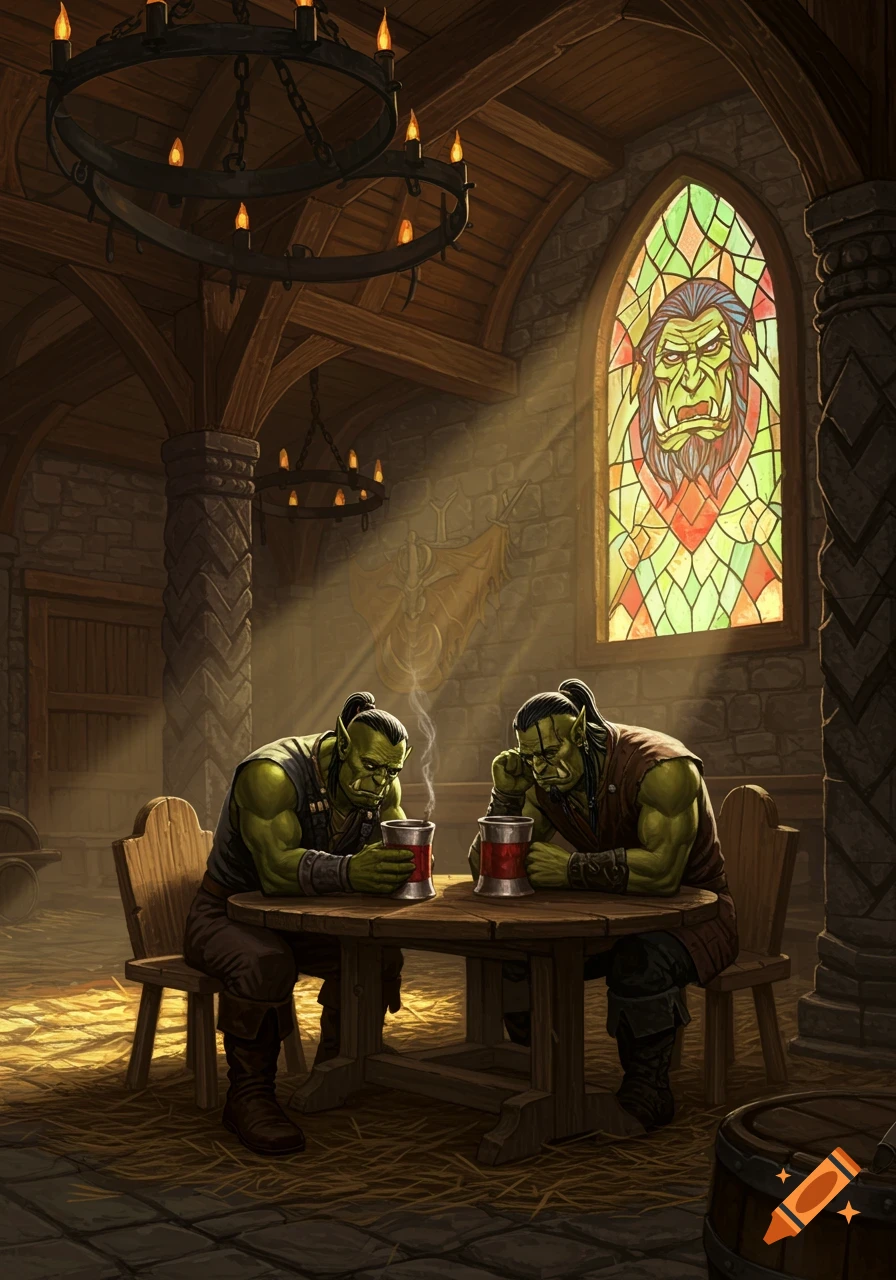 Two sad orcs sit at a wooden table in a tavern, contemplating their drinks, with sunbeams from a stained glass window.