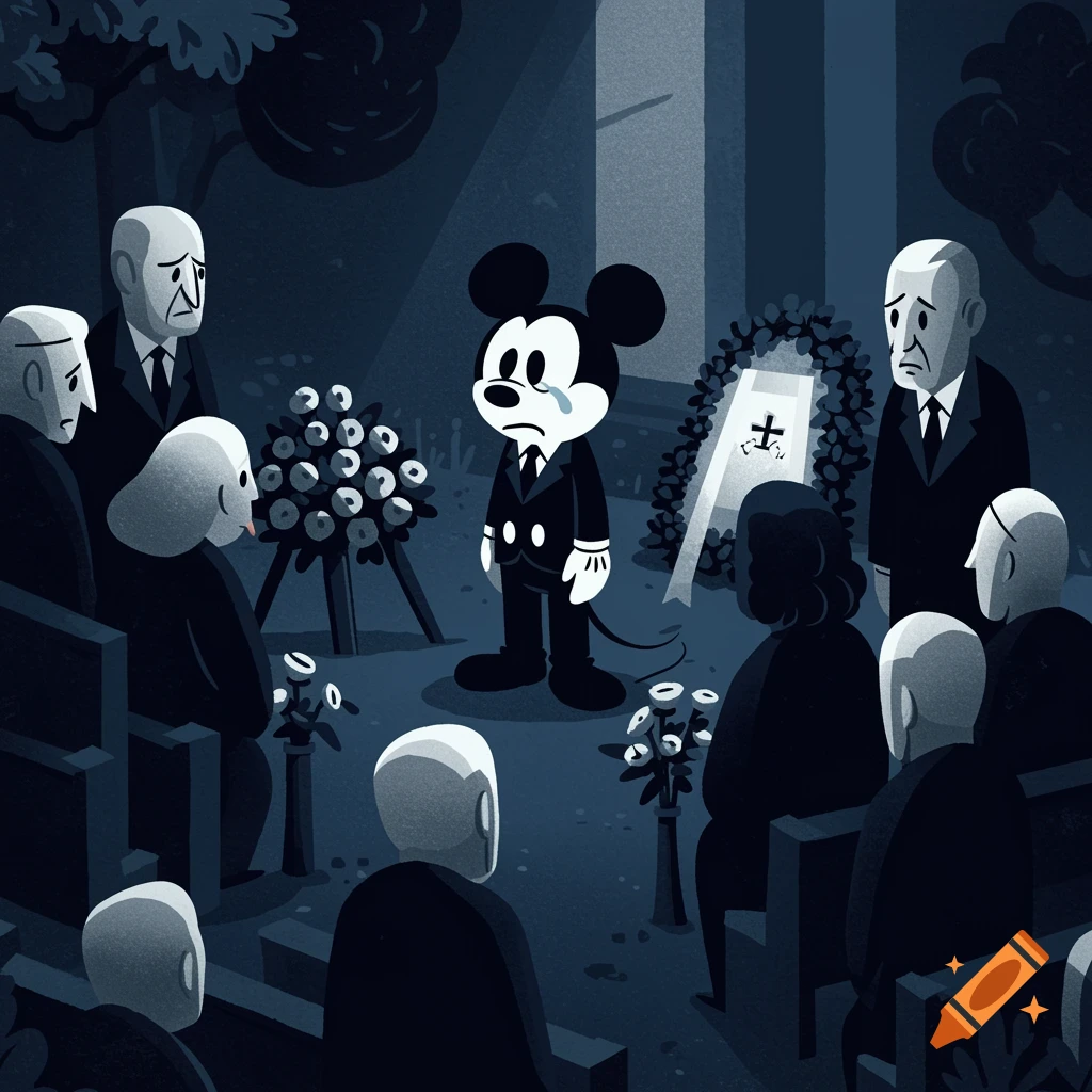 Mickey Mouse cries at a dark, somber funeral for Donald Duck, surrounded by other mourners.