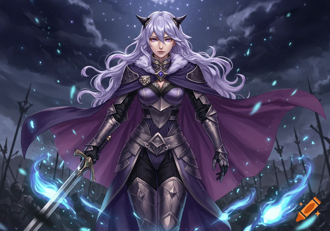 A female warrior with long white hair, horns, and purple armor stands on a dark battlefield, holding a glowing sword.