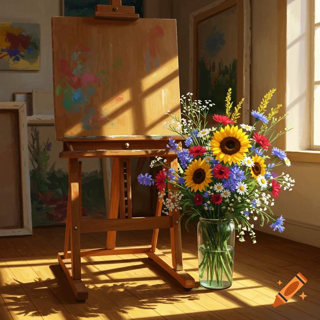An artist's studio with an easel, paintings, and a colorful bouquet of sunflowers and wildflowers in a glass vase by a sunlit window.