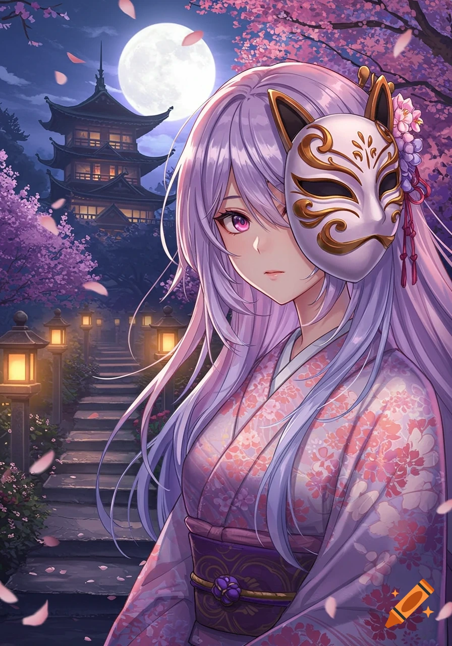 Anime girl with lavender hair and kitsune mask in floral kimono, standing before a pagoda and cherry blossoms under a full moon.