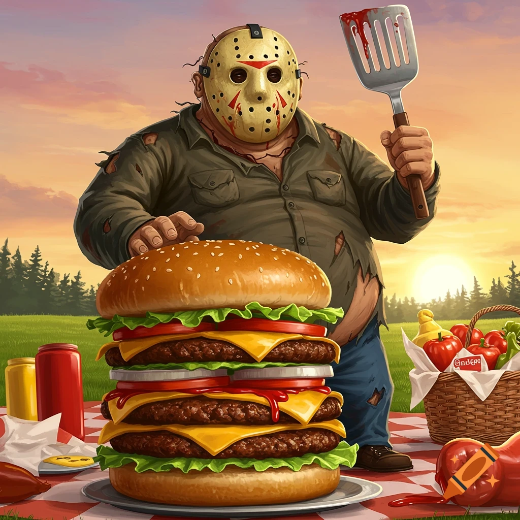 Illustrated Jason Voorhees, wearing his hockey mask, stands behind a giant triple-decker burger at a picnic, holding a bloody spatula at sunset.