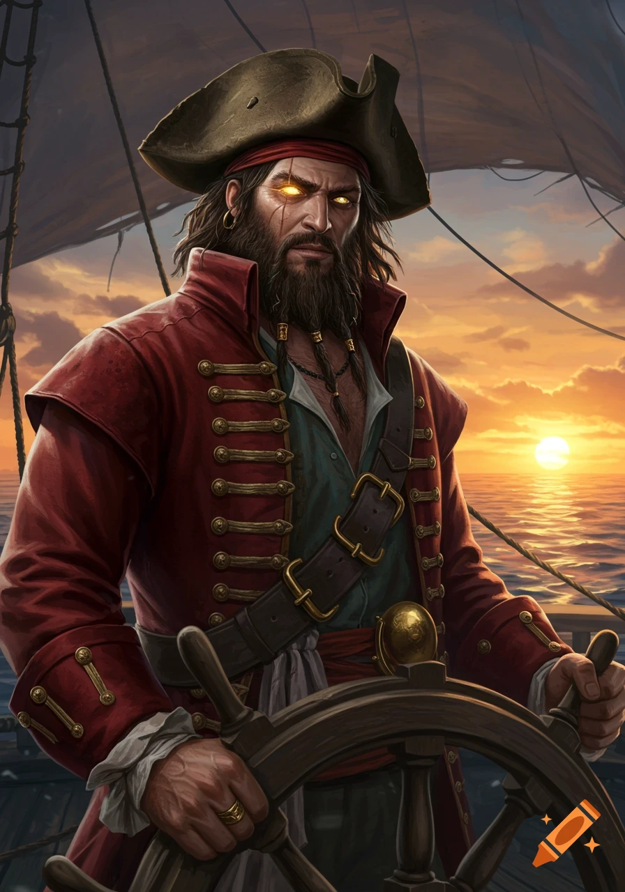 A rugged pirate with glowing golden eyes at the helm of a ship during sunset, wearing a red coat and a tricorn hat.