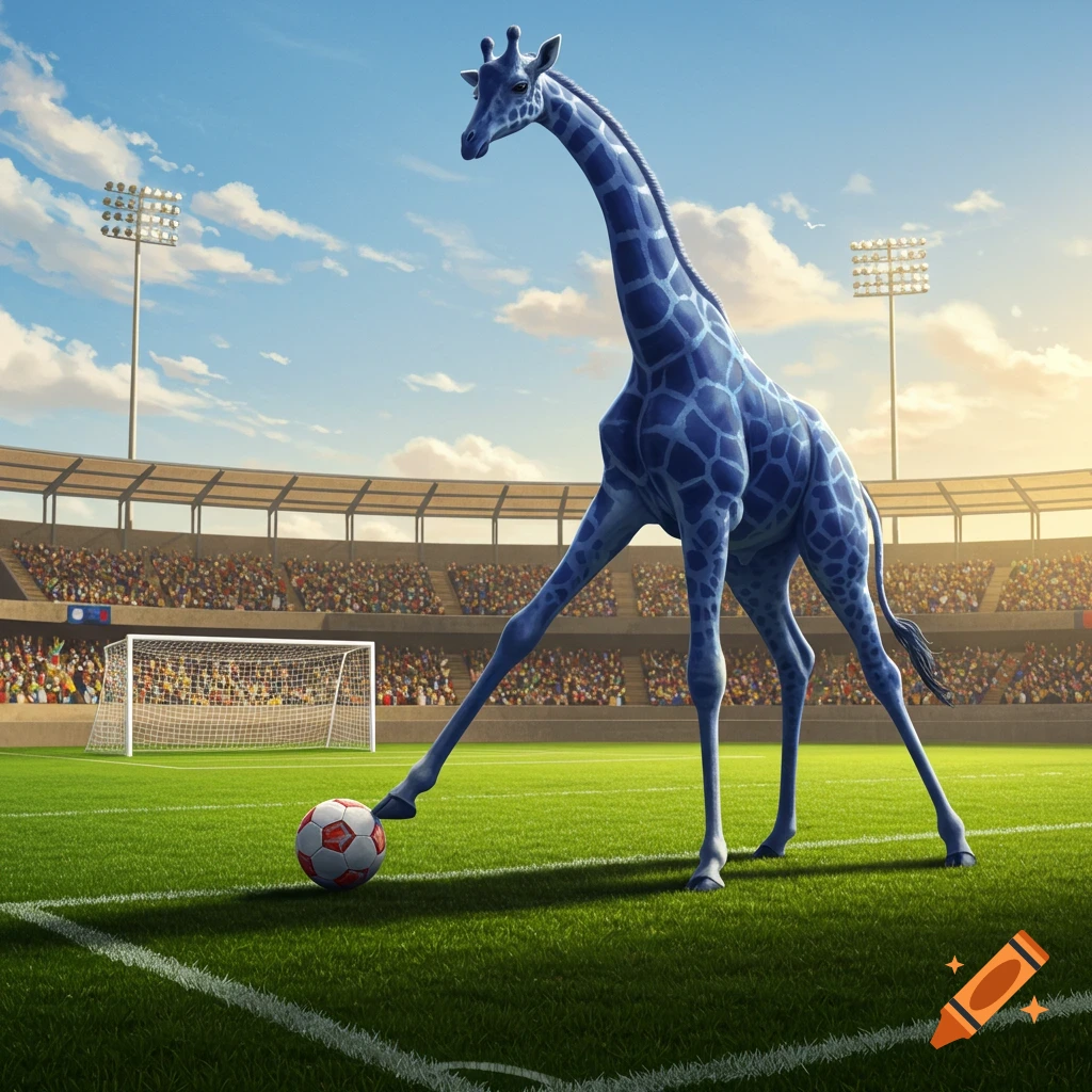 A blue giraffe on a soccer field kicks a soccer ball towards a goal in a stadium filled with spectators.