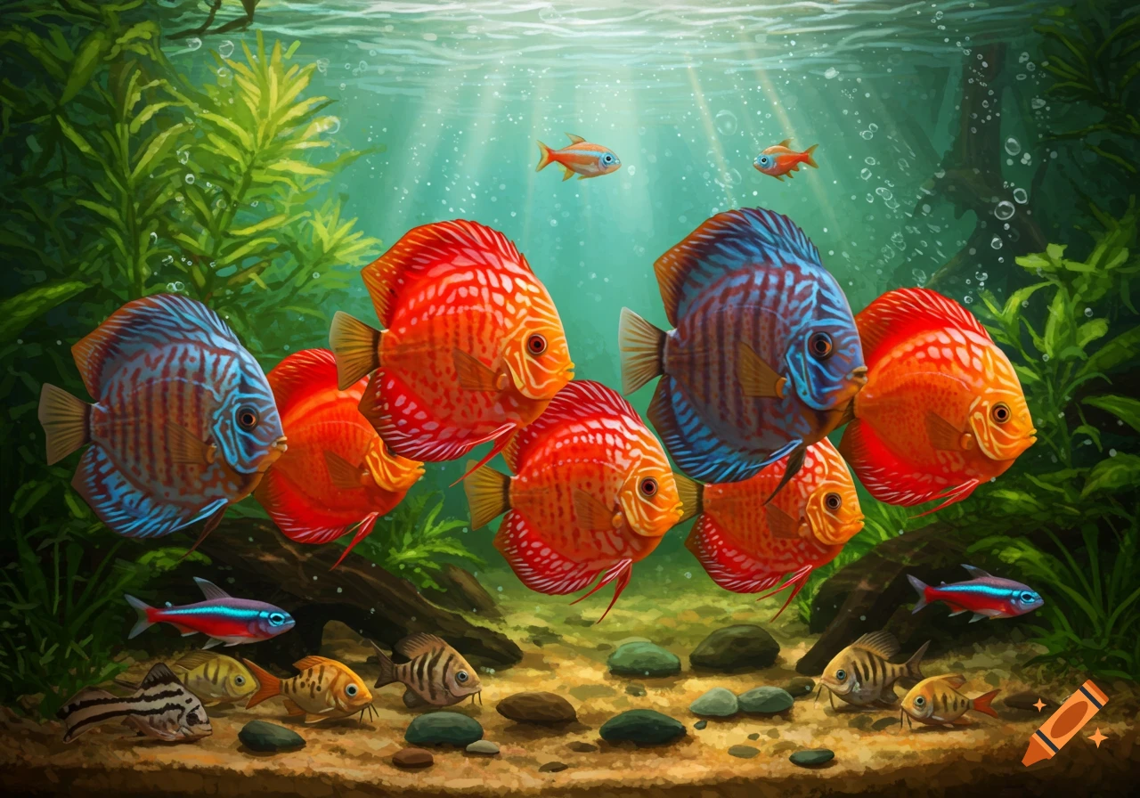 Vibrant underwater scene with colorful discus and smaller fish swimming in a planted aquarium with light rays.