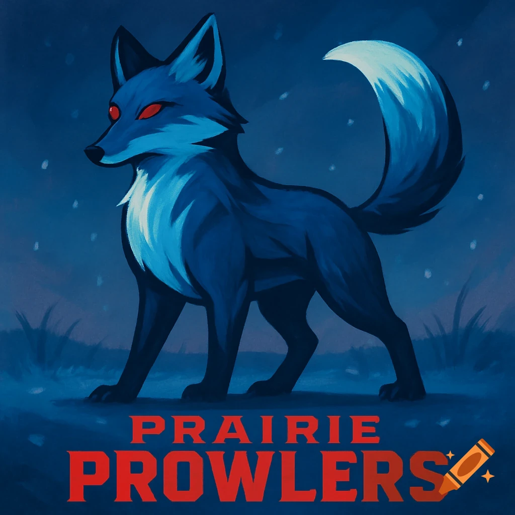 Stylized blue fox with glowing red eyes and white accents stands in a snowy blue landscape with 'PRAIRIE PROWLERS' text below.