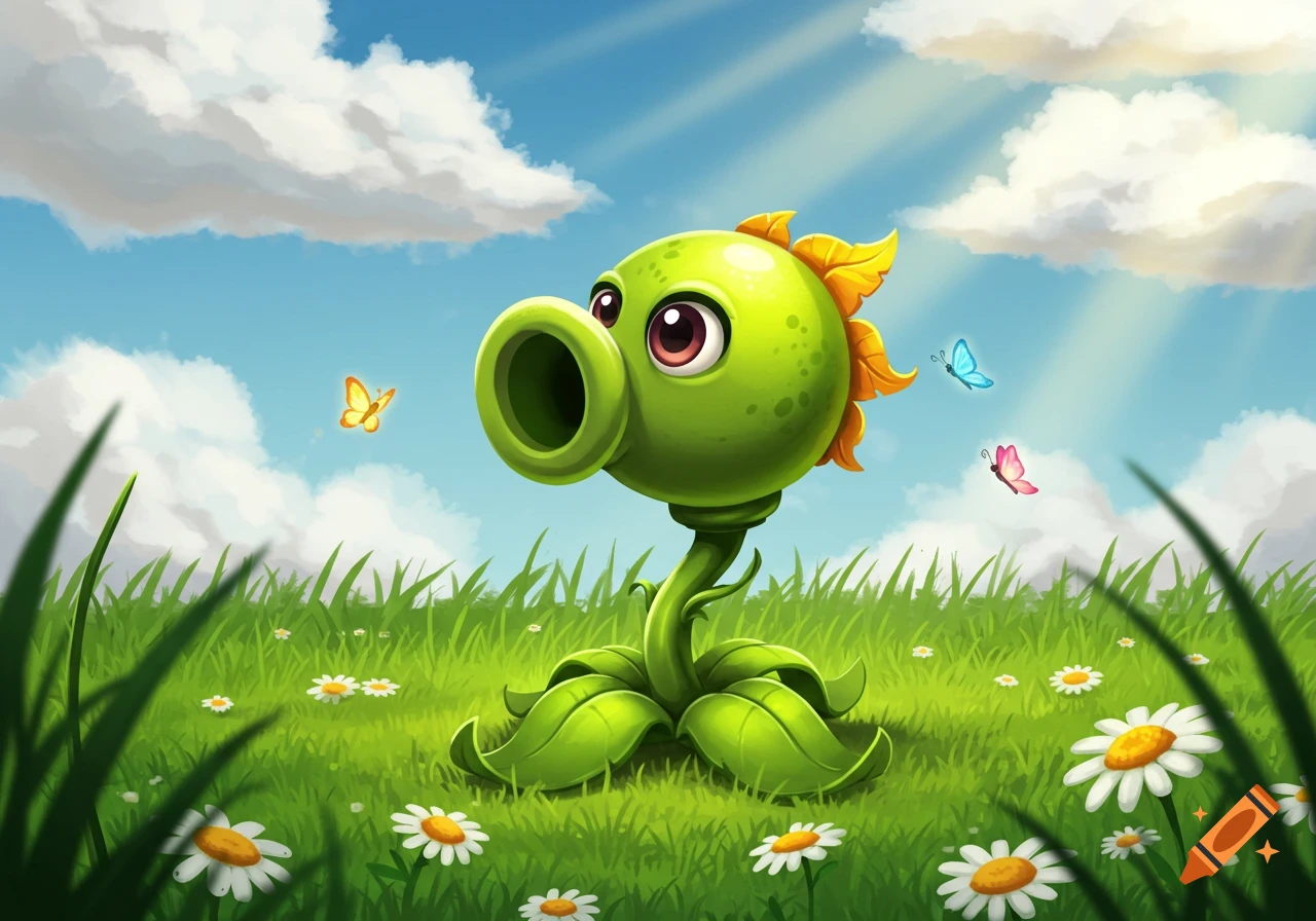 A cartoon green peashooter character stands in a sunny grassy field with white daisies under a blue sky, surrounded by butterflies.