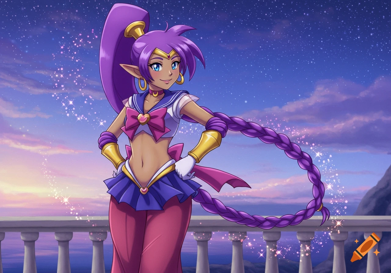 Anime-style Shantae in a Sailor Moon uniform stands confidently on a balcony overlooking water at sunset under a starry sky.