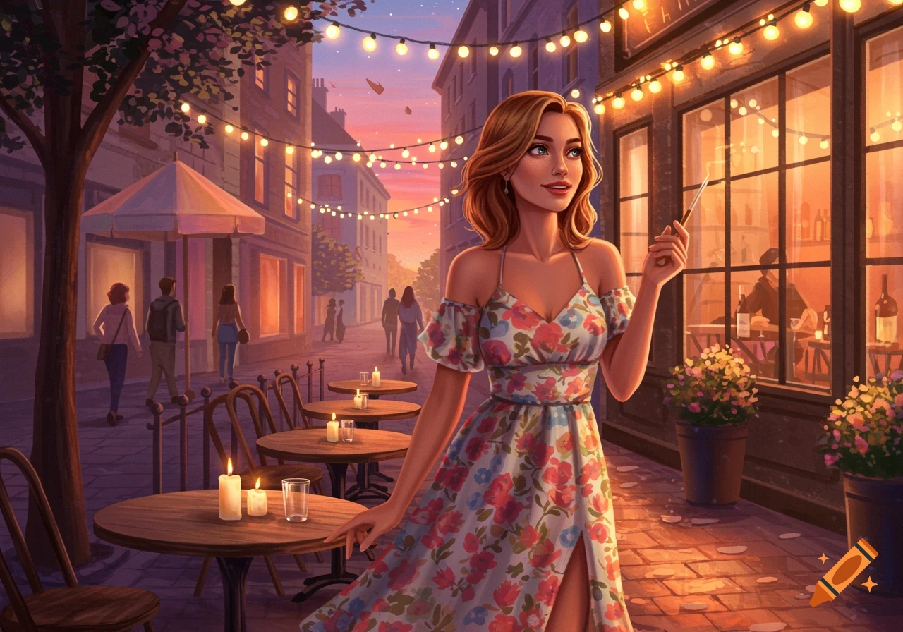 An illustration of a woman in a floral dress standing on a cobblestone street with outdoor cafe tables and string lights at sunset.
