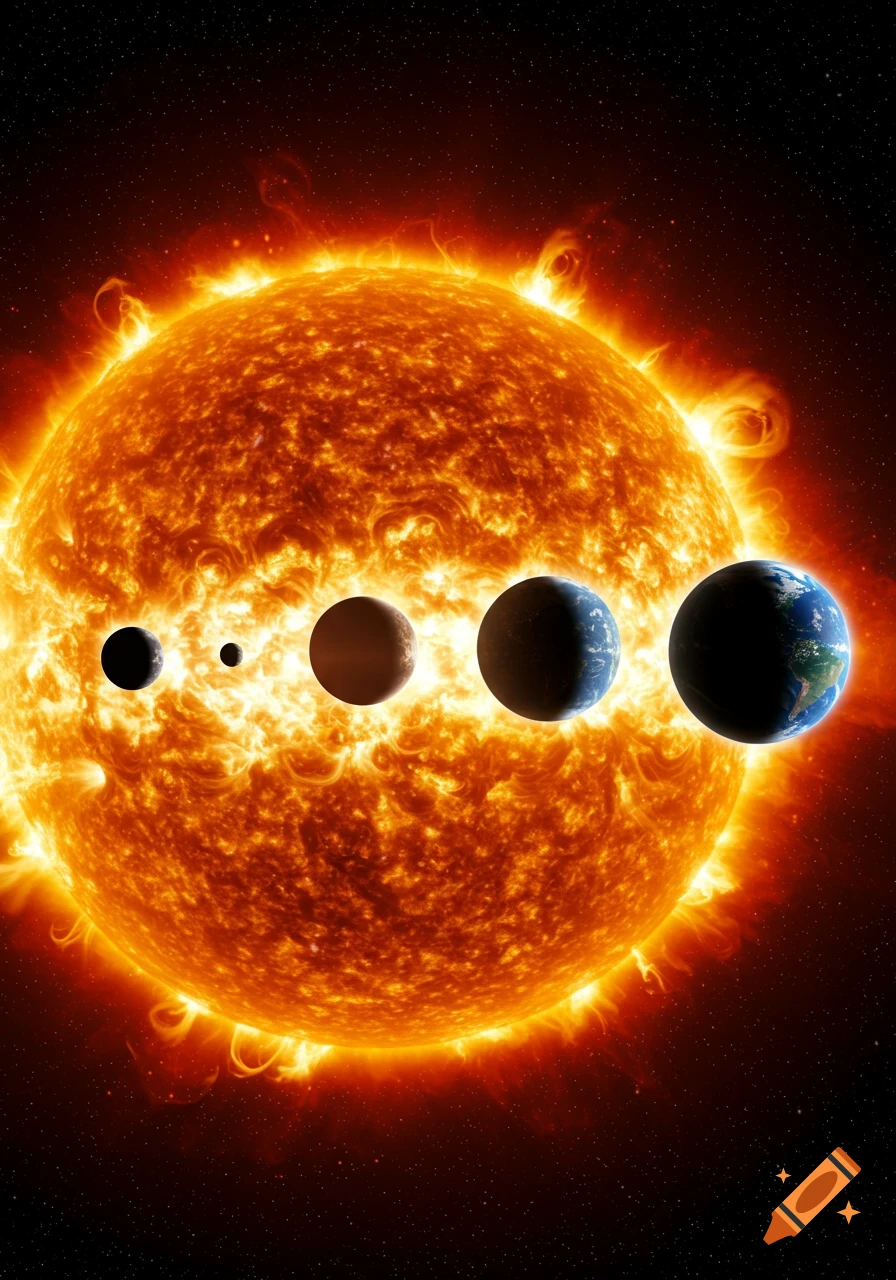 The Sun with Mercury, Venus, and Earth lined up in front of it against a star-filled background.