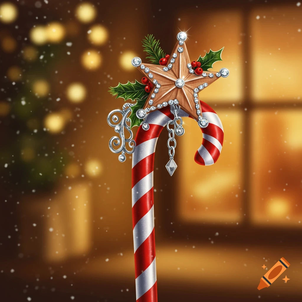 A festive red and white candy cane with a jeweled wooden star and holly on top, against a warm, blurry background with bokeh lights.