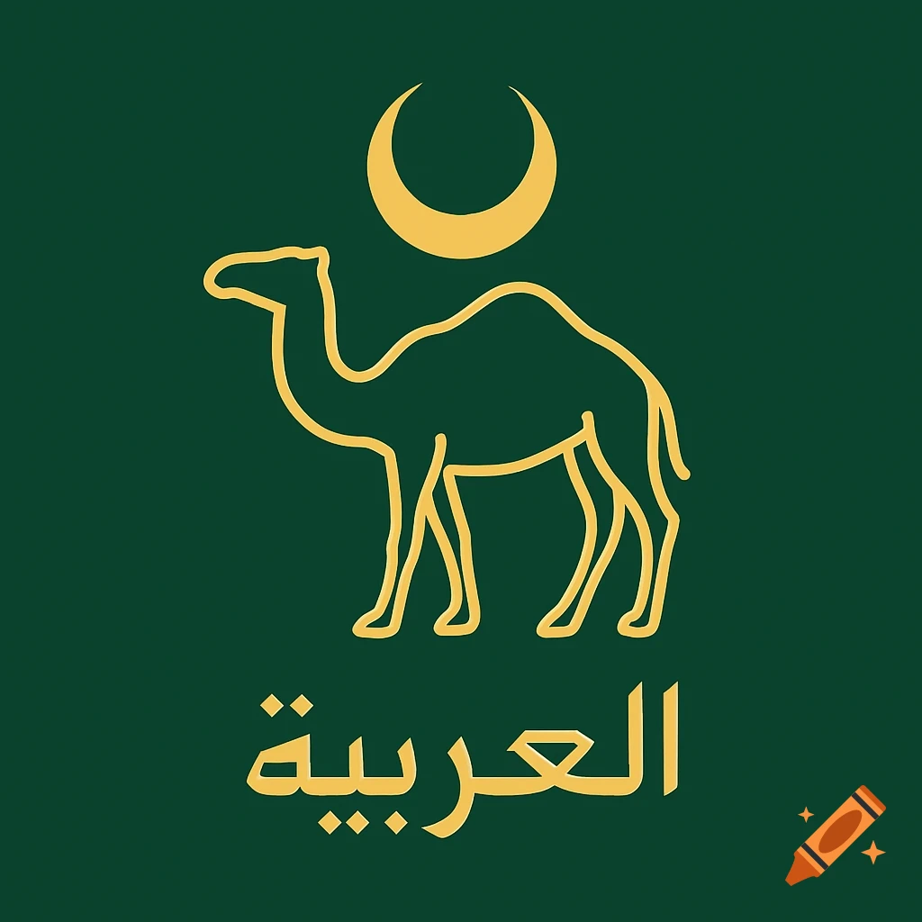 A dark green flag features a gold outline of a camel with a crescent moon above it and Arabic text below.