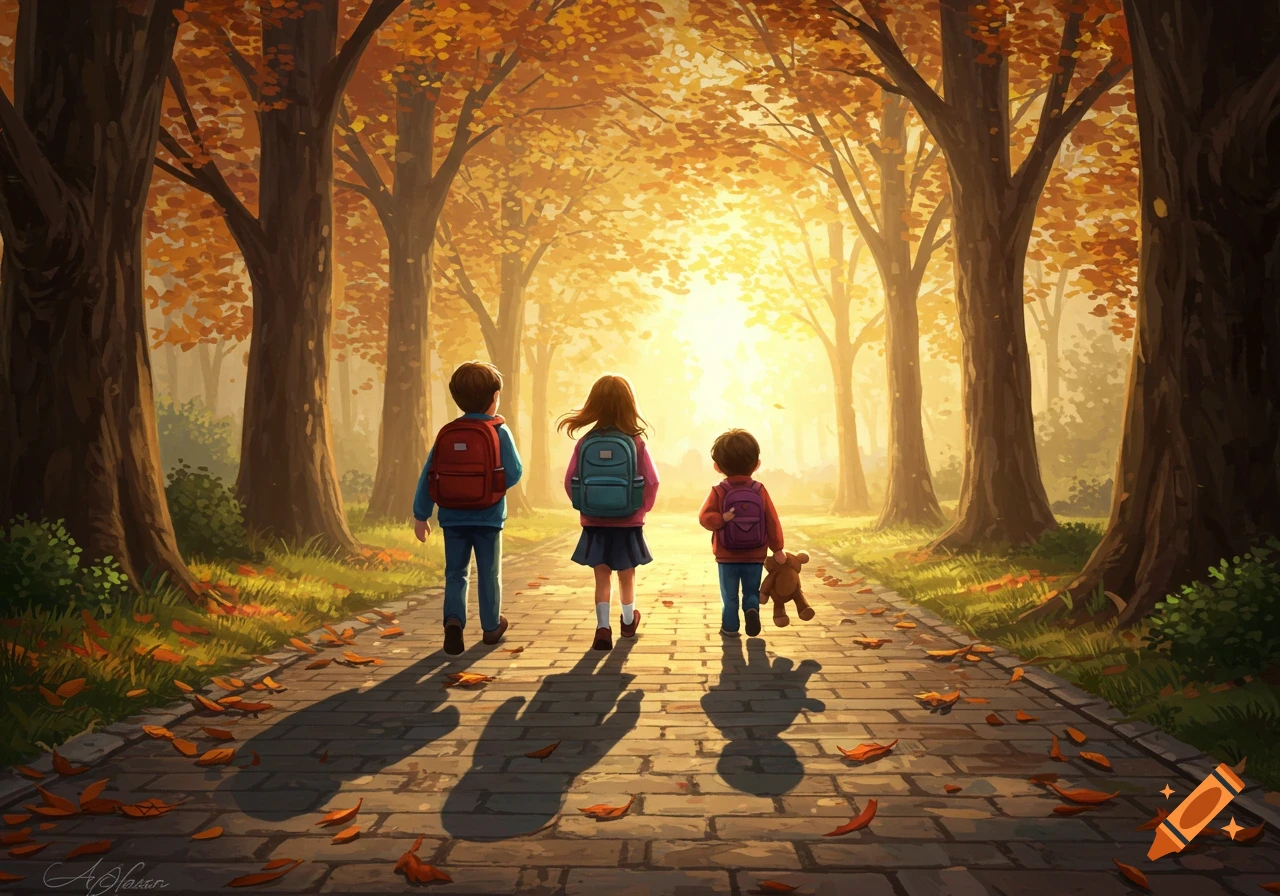 Three illustrated school children with backpacks walk away from the viewer on a sunlit path through an autumn forest, one holding a teddy bear.