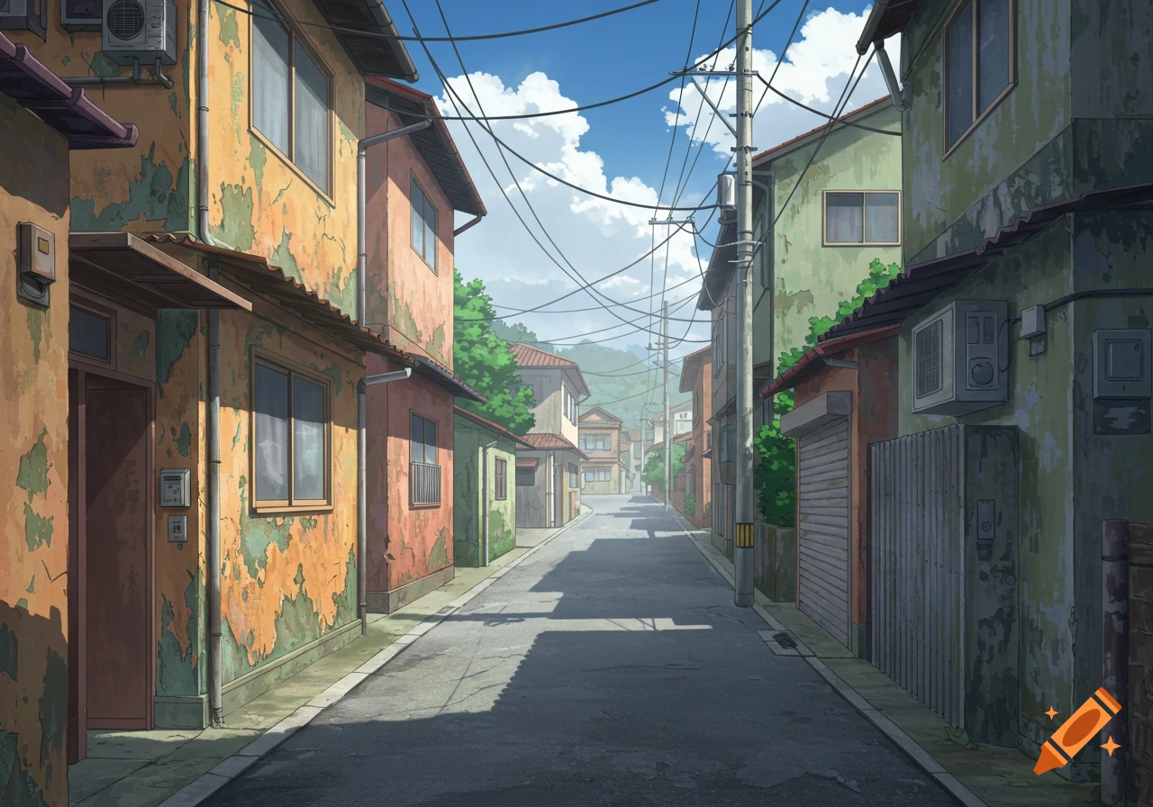 An anime-style street scene with old, colorful houses, utility poles, and overhead power lines under a cloudy sky.
