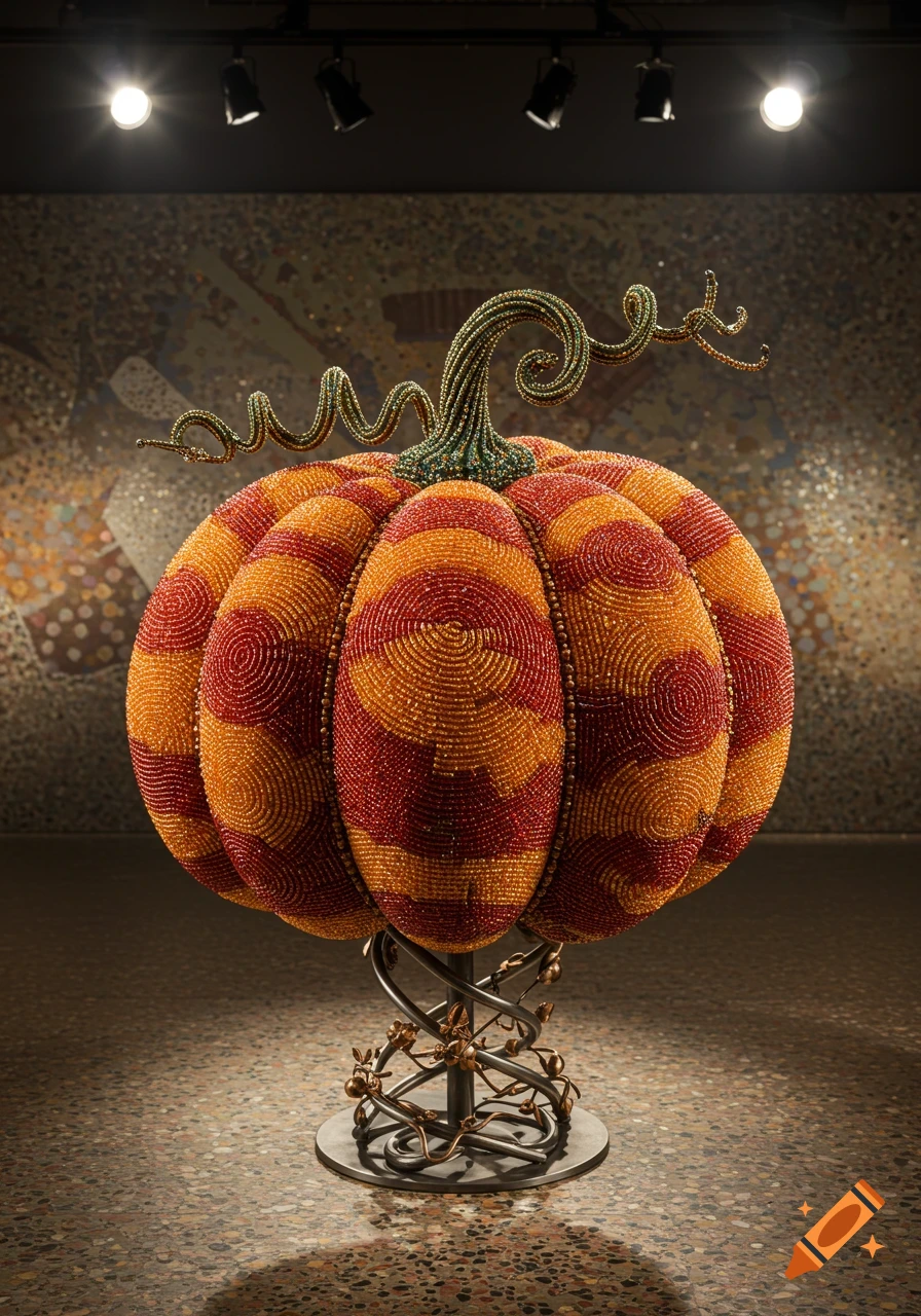 Large orange and red beaded pumpkin sculpture on a dark metal stand in a dimly lit room with a mosaic wall.